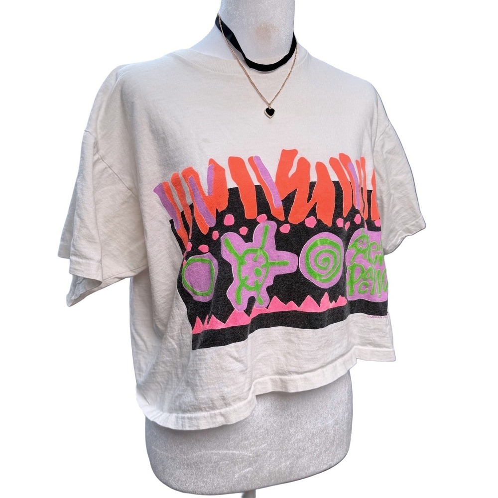 VTG 90s Surf OP Ocean Pacific Neon Puff Print Cropped White Shirt Single Stitch